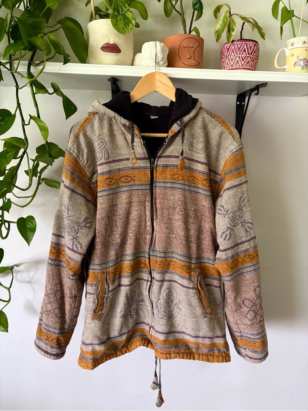 Striped Hooded Zip-Up Jacket in Mustard & Taupe